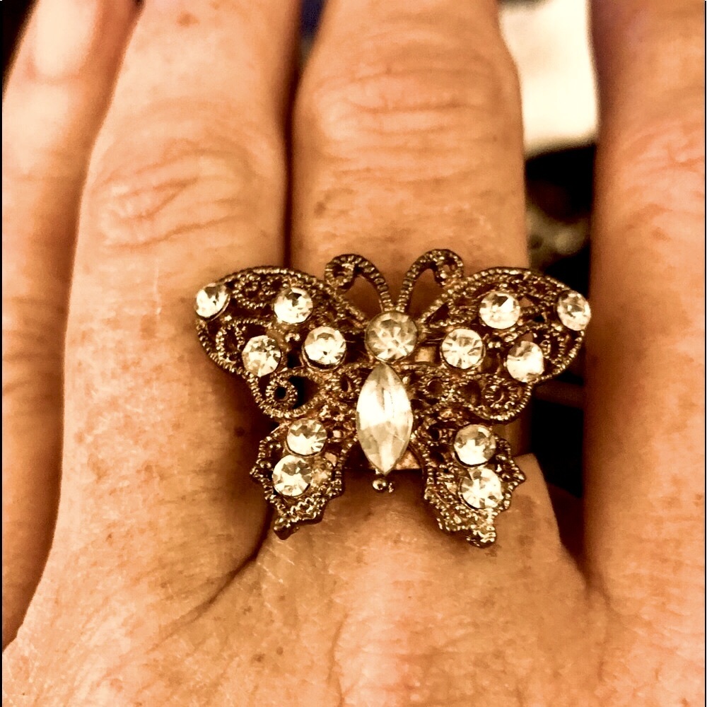 Butterfly Rhinestone Gold tone adjustable ring